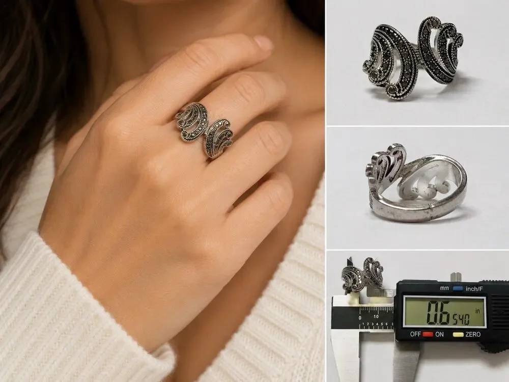 Vintage Silver Tone Marcasite Style Open Wrap Statement Ring Size 7 Adjustable
